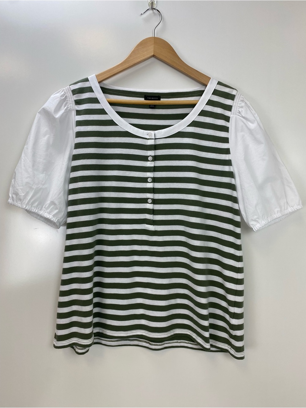 Talbots Olive Green and White Striped Puff-Sleeve Tee